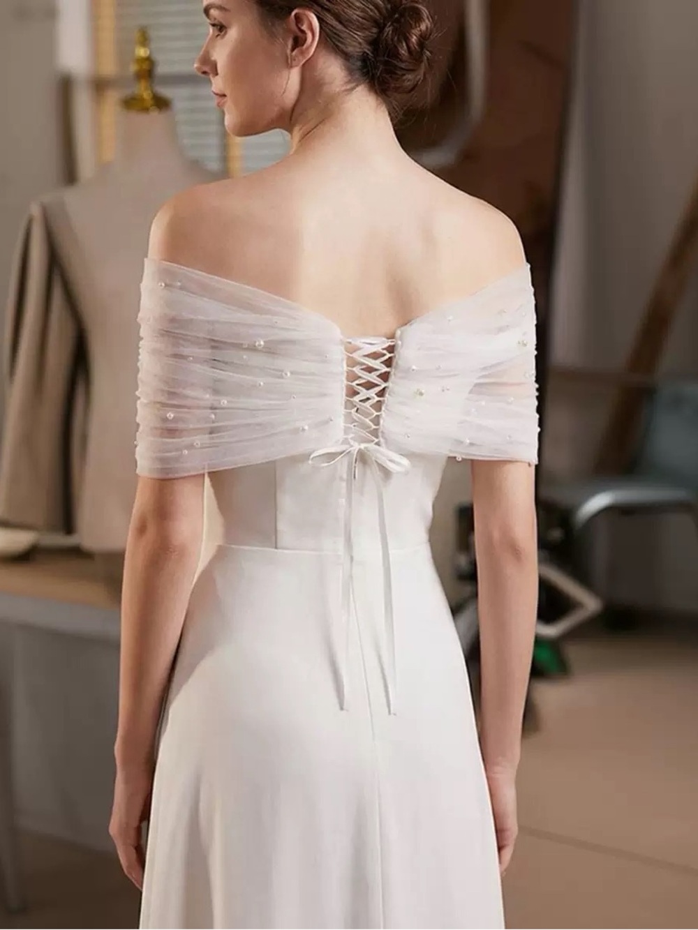 Beaded Milky White Minimalist Lace-Up Tulle Shawl for Wedding Dresses